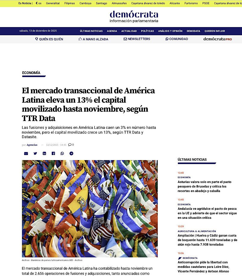 El mercado transaccional de Amrica Latina eleva un 13% el capital movilizado hasta noviembre, segn TTR Data